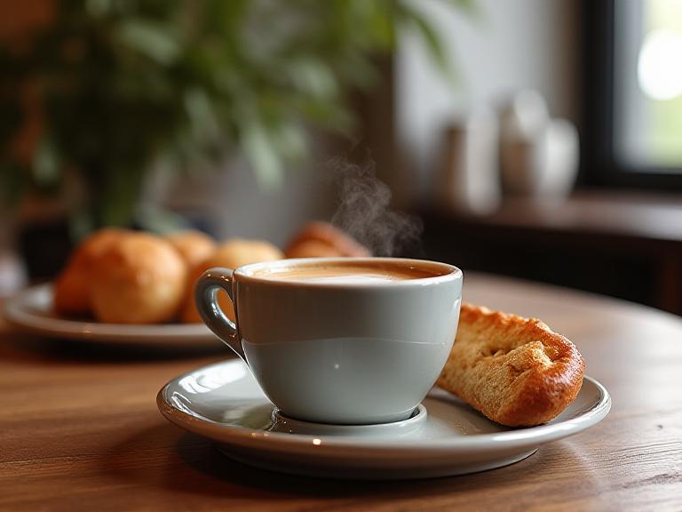 Kaffeecup auf Holztisch mit artisanalen Gebäck bei Eos Roast
